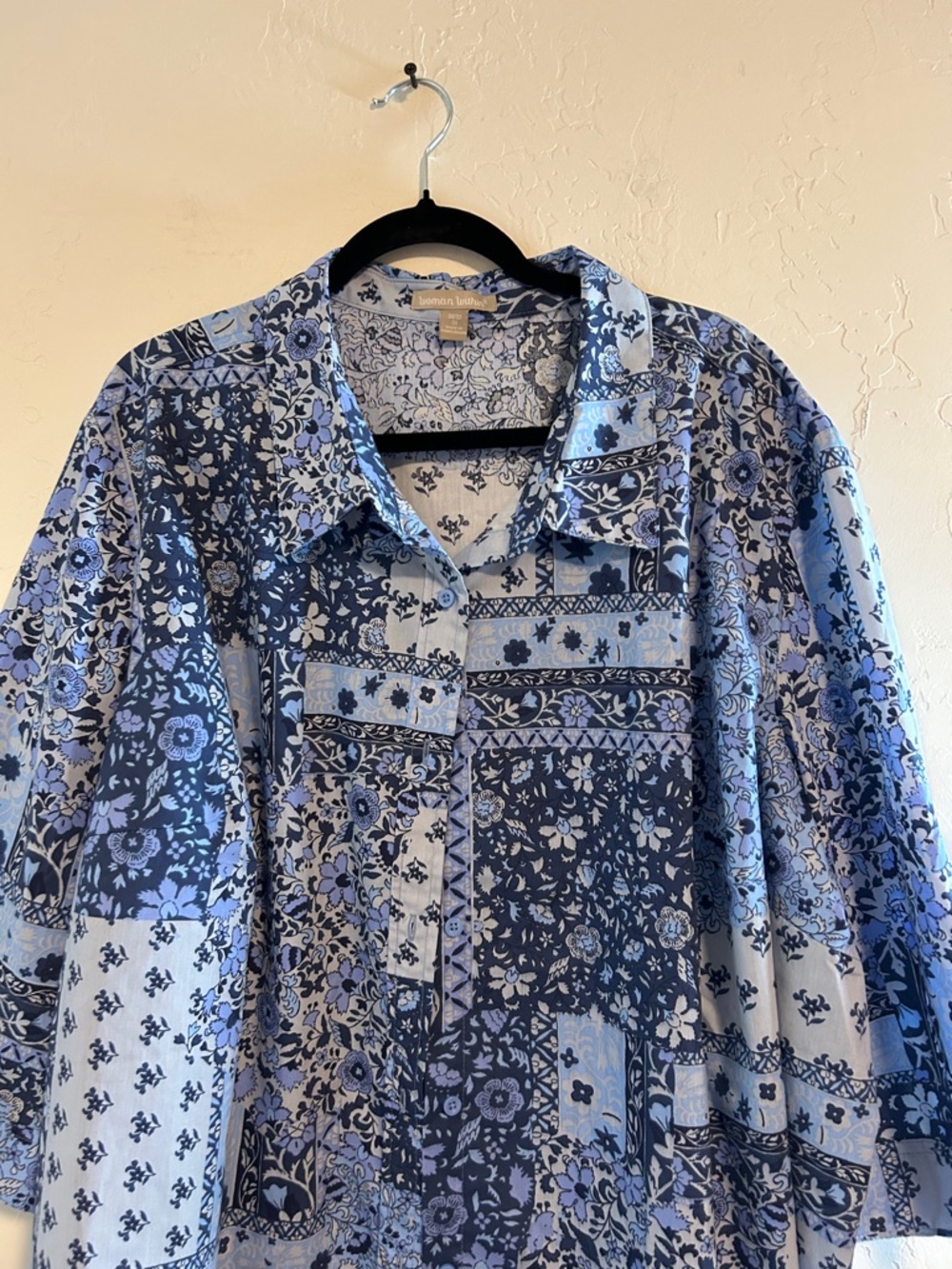 Woman Within Size3X 30/32 Patchwork Bohemian Print Cotton Polyester Button Shirt - Picture 5 of 16